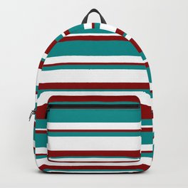 [ Thumbnail: Dark Red, Dark Cyan, and White Colored Striped Pattern Backpack ]