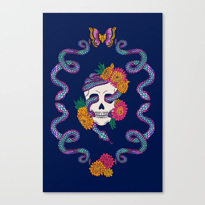 Floral Skull Snake on Midnight Blue Canvas Print