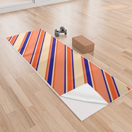 [ Thumbnail: Coral, Red, Tan, and Dark Blue Colored Lines/Stripes Pattern Yoga Towel ]