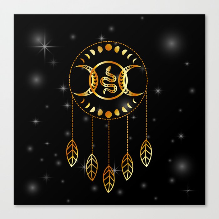 Magic and mystical snake dreamcatcher mandala with moon phases and stars in gold Canvas Print