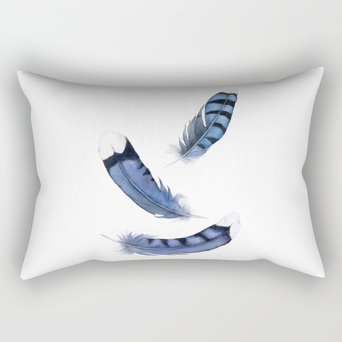 Falling Feather, Blue Jay Feather, Blue Feather watercolor painting by Suisai Genki Rectangular Pillow