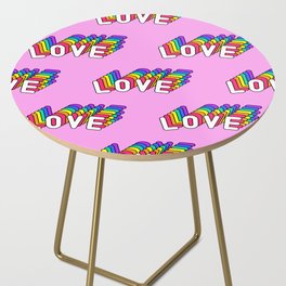 Seamless pattern with words “Love” isolated on pink background. Text patches wallpaper. Quirky funny cartoon comic style of 80-90s. Side Table