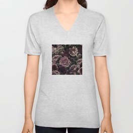 Roses In Burgundy And Pink Vintage Botanical Midnight Emo Garden Flowers V Neck T Shirt