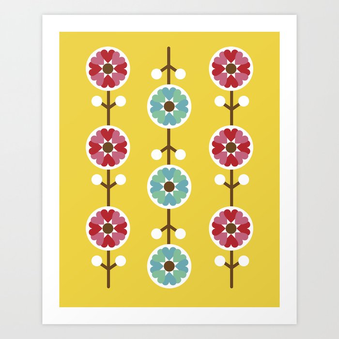 Scandinavian inspired flower pattern - yellow background Art Print