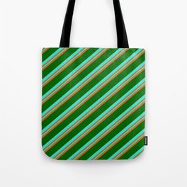[ Thumbnail: Turquoise, Chocolate & Dark Green Colored Stripes Pattern Tote Bag ]