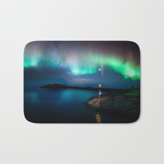 Aurora Borealis Over Coastal Waters Bath Mat
