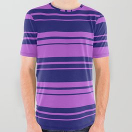 [ Thumbnail: Midnight Blue & Orchid Colored Lined/Striped Pattern All Over Graphic Tee ]