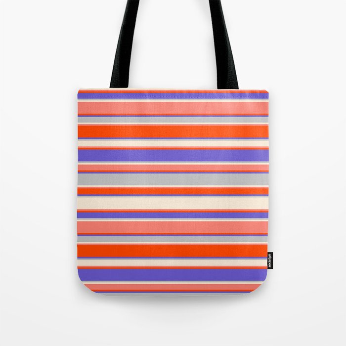 Eye-catching Slate Blue, Grey, Beige, Salmon, and Red Colored Striped Pattern Tote Bag