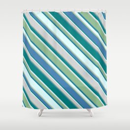 [ Thumbnail: Eye-catching Light Cyan, Light Grey, Dark Sea Green, Blue, and Teal Colored Striped Pattern Shower Curtain ]