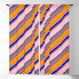 [ Thumbnail: Pink, Blue, Dark Orange, and Dim Gray Colored Pattern of Stripes Blackout Curtain ]