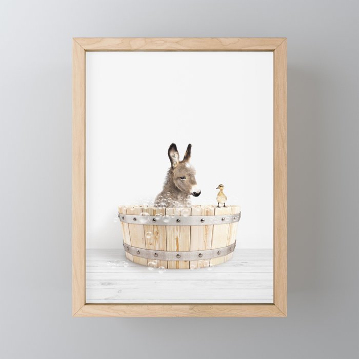 Baby Donkey in a Wooden Bathtub, Donkey Taking a Bath, Bathtub Animal Art Print By Synplus Framed Mini Art Print