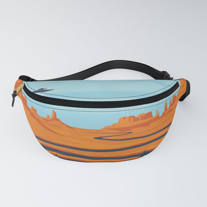  landscape with deserted valley, mountains, dark winding river and flying saucer in the sky. Decorative illustration on the theme of of alien invasion. Western scenery and UFO Fanny Pack