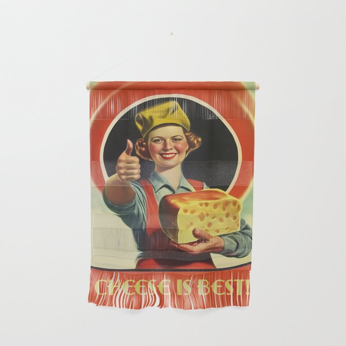 Young retro woman holding huge piece of Emmental cheese and smiling a nostalgic and vintage Wall Hanging