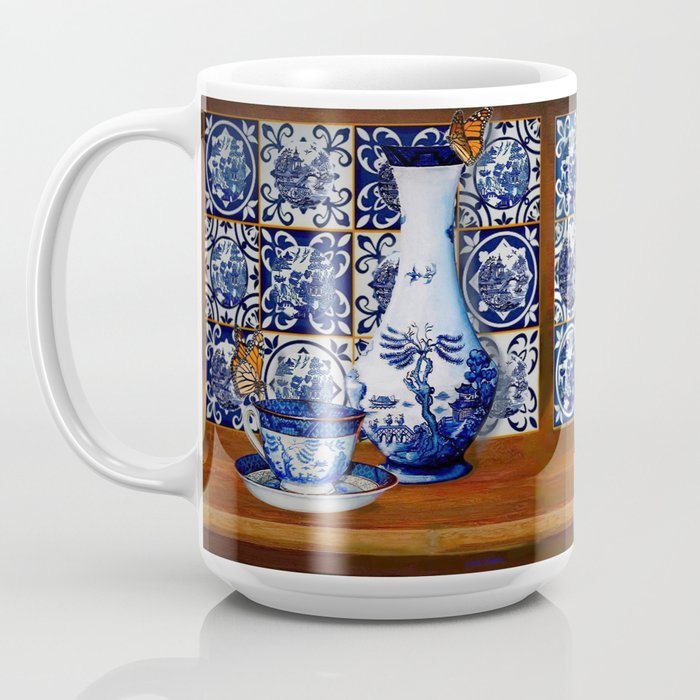 Blue and White China Travel Coffee Mug Insulated Hand Painted Porcelai -  Artistic Romantic