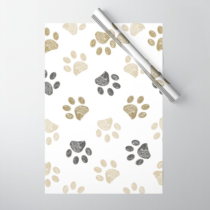 Doodle grey and gold paw print seamless fabric design repeated pattern  background Wrapping Paper by gulsengunel