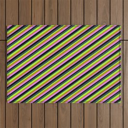 [ Thumbnail: Eye-catching Light Green, Dark Goldenrod, Violet, Black, and Dark Slate Gray Colored Striped Pattern Outdoor Rug ]