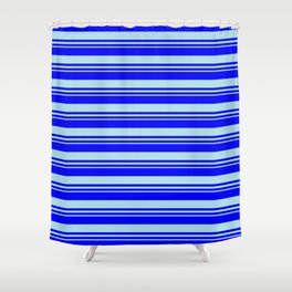 [ Thumbnail: Blue and Powder Blue Colored Stripes/Lines Pattern Shower Curtain ]
