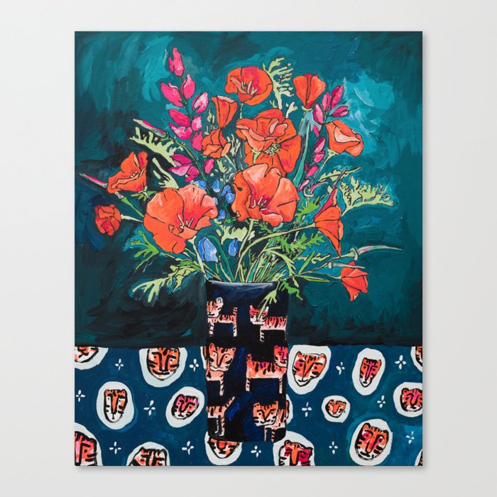 California Poppy and Wildflower Bouquet on Emerald with Tigers Still Life Painting Canvas Print