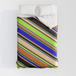 [ Thumbnail: Colorful Light Green, Blue, Tan, Chocolate & Black Colored Lines/Stripes Pattern Duvet Cover ]