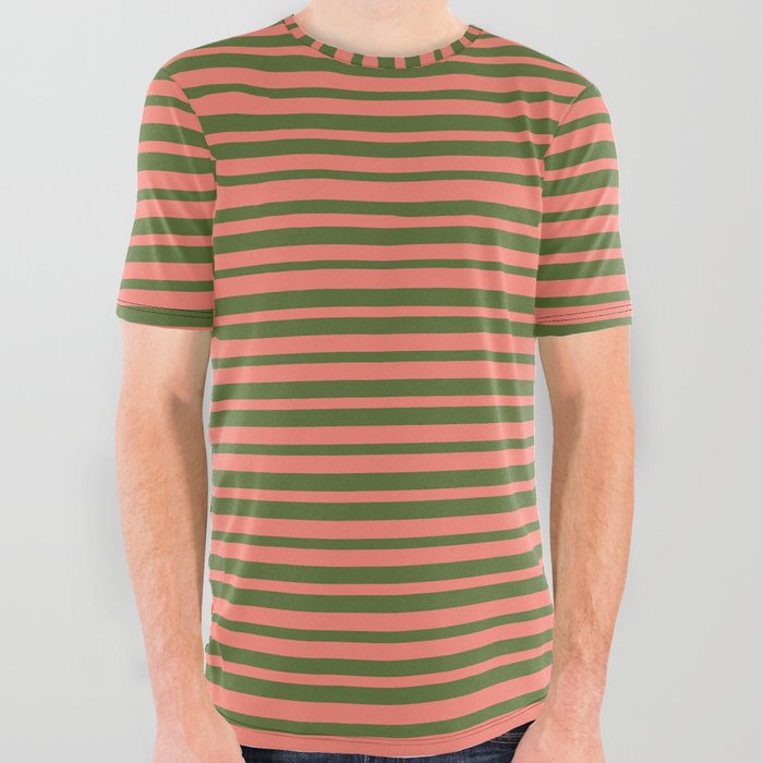Salmon and Dark Olive Green Colored Striped Pattern All Over Graphic Tee