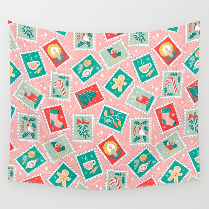 Retro Christmas Postage Stamps Wall Tapestry