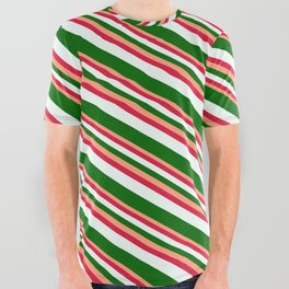 [ Thumbnail: Light Salmon, Crimson, Mint Cream & Dark Green Colored Pattern of Stripes All Over Graphic Tee ]