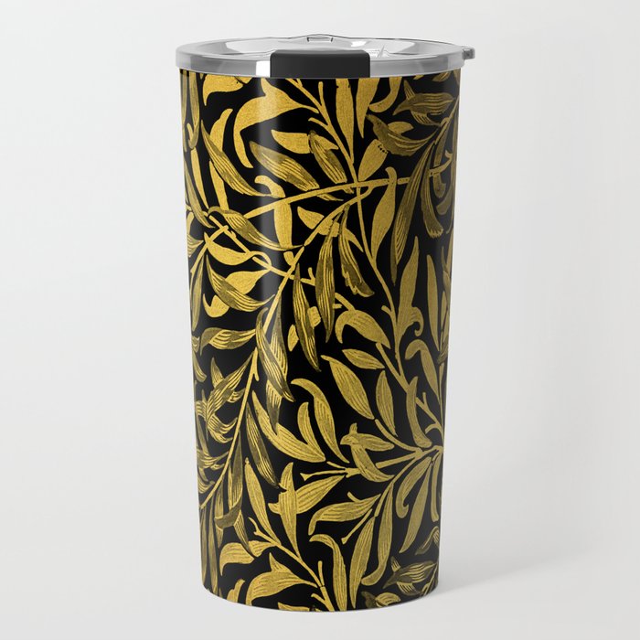 William Morris Black And Gold Leaves Pattern Vintage Botanical William Morris Willow Wallpaper Travel Mug