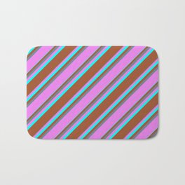 [ Thumbnail: Slate Gray, Violet, Aqua & Sienna Colored Striped/Lined Pattern Bath Mat ]