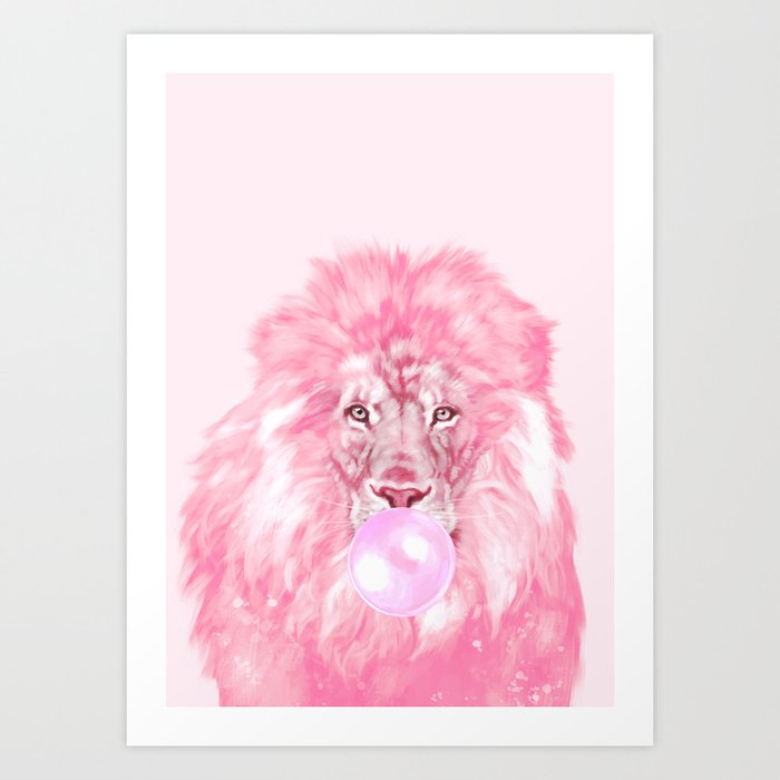 Lion Chewing Bubble Gum in Pink Art Print