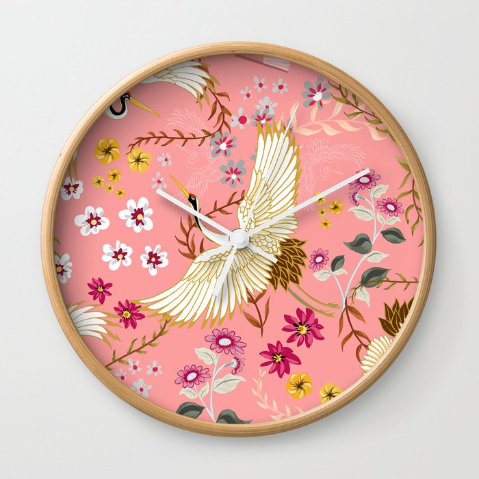 Chinoiserie cranes on pink, birds, flowers,  Wall Clock