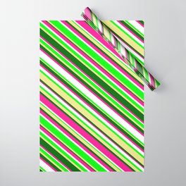 [ Thumbnail: Eye-catching Deep Pink, White, Lime, Tan & Dark Green Colored Lined/Striped Pattern Wrapping Paper ]