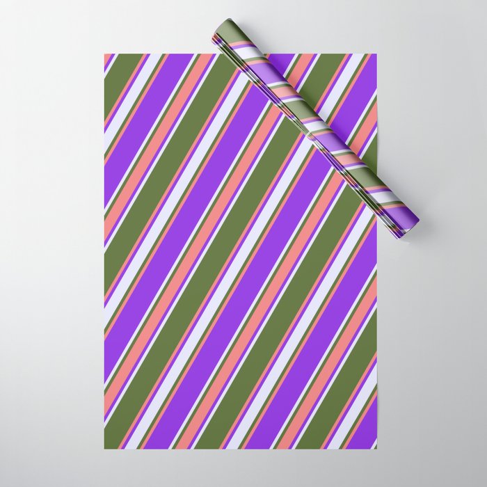 Dark Olive Green, Light Coral, Purple & Lavender Colored Stripes/Lines Pattern Wrapping Paper