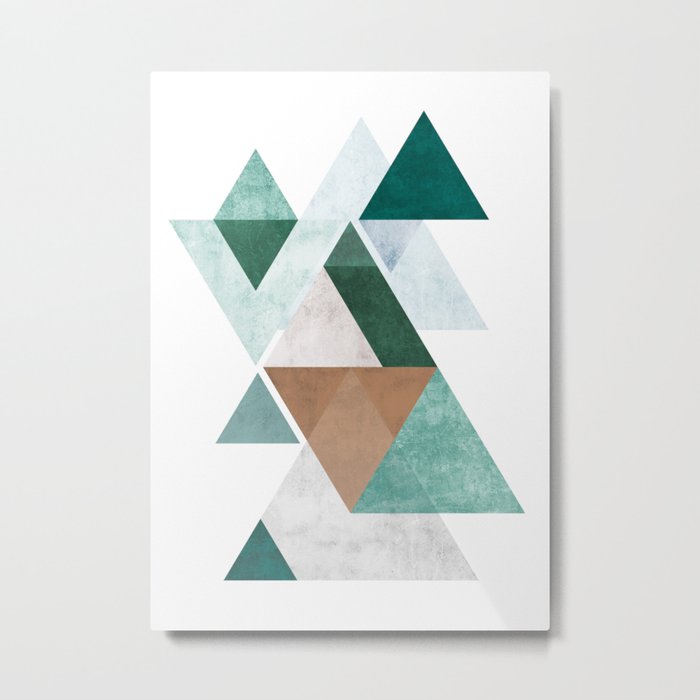 Geometric triangles with texture | Green, blue, grey and brown colored Metal Print