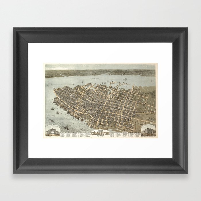1872 Historical Bird's Eye View City Grid Map of Coastal Charleston, South Carolina  Framed Art Print
