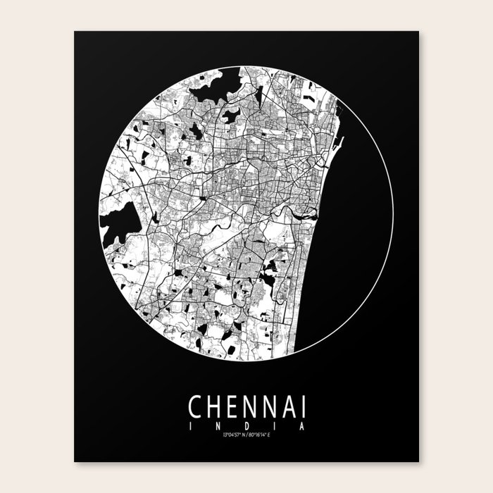 Chennai City Map of Tamil Nadu, India Full Moon Canvas Print by deMAP Studio Society6