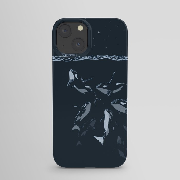 Pod of Killer Whale (Orca) and small boat in midnight ocean scene iPhone Case