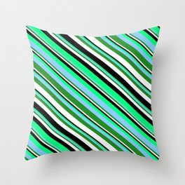 [ Thumbnail: Eyecatching Green, Light Sky Blue, Forest Green, White, and Black Colored Lines Pattern Throw Pillow ]