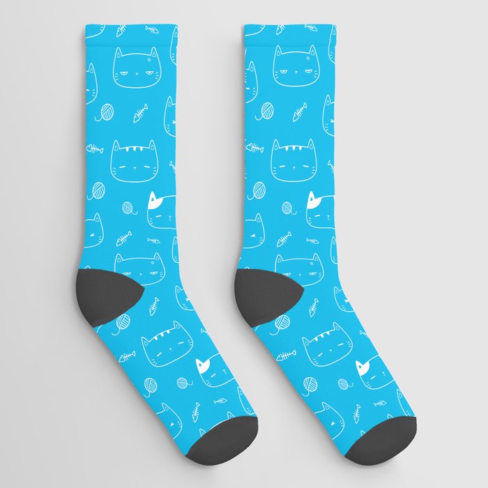 Turquoise and White Doodle Kitten Faces Pattern Socks