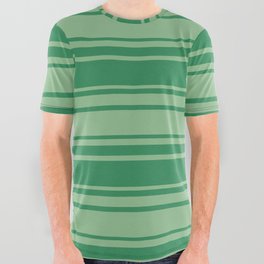 [ Thumbnail: Dark Sea Green & Sea Green Colored Stripes Pattern All Over Graphic Tee ]