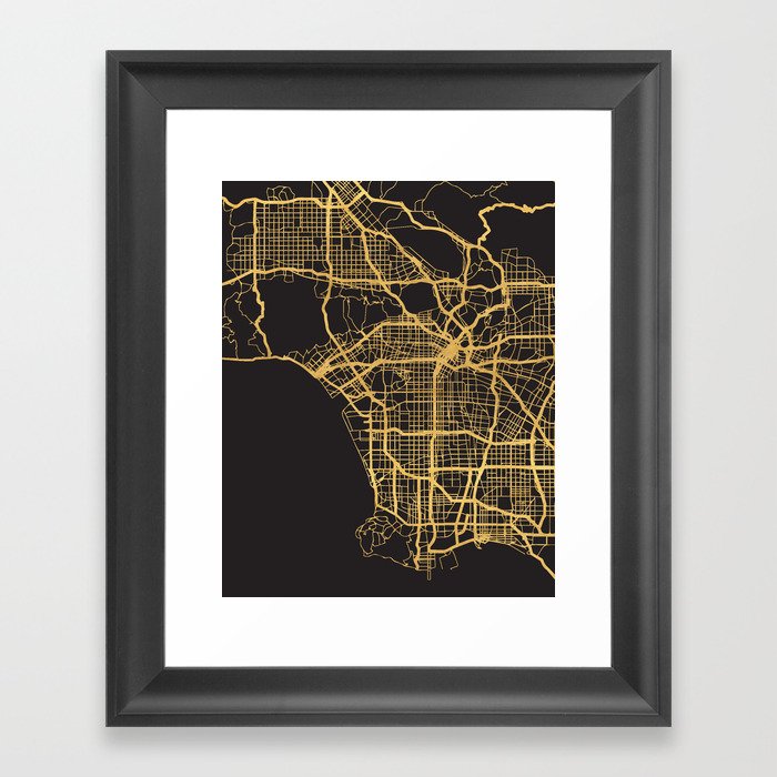 LOS ANGELES CALIFORNIA GOLD ON BLACK CITY MAP Framed Art Print
