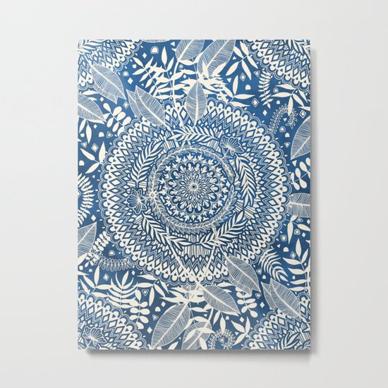 Diamond and Doodle Mandala On Blue Metal Print