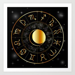 Zodiac astrology wheel Golden astrological signs with moon and stars Art Print