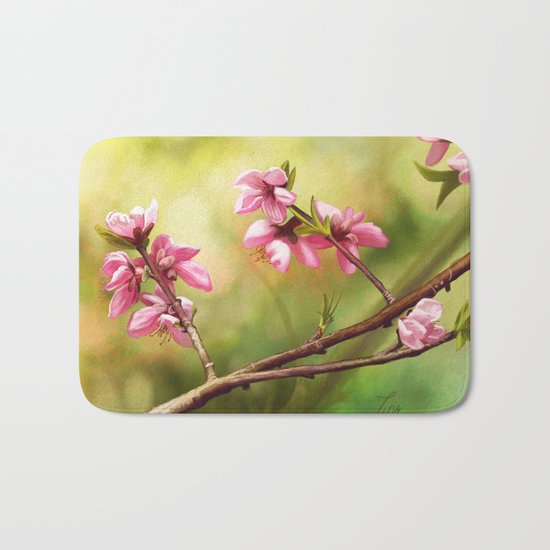 Spring and pink flowers on a branch Bath Mat