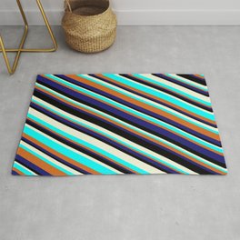 [ Thumbnail: Eye-catching Beige, Aqua, Chocolate, Midnight Blue, and Black Colored Lined Pattern Rug ]