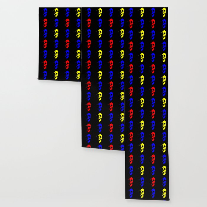 Skull 3x3 Red Blue Yellow Wallpaper By Robotdoodles Society6 Black and red rock wallpaper, black rocks on red textile digital wallpaper. society6