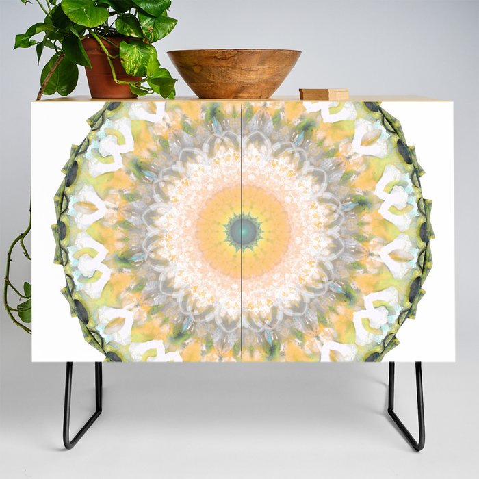 White Lily Mandala - Peach And Green Art Credenza