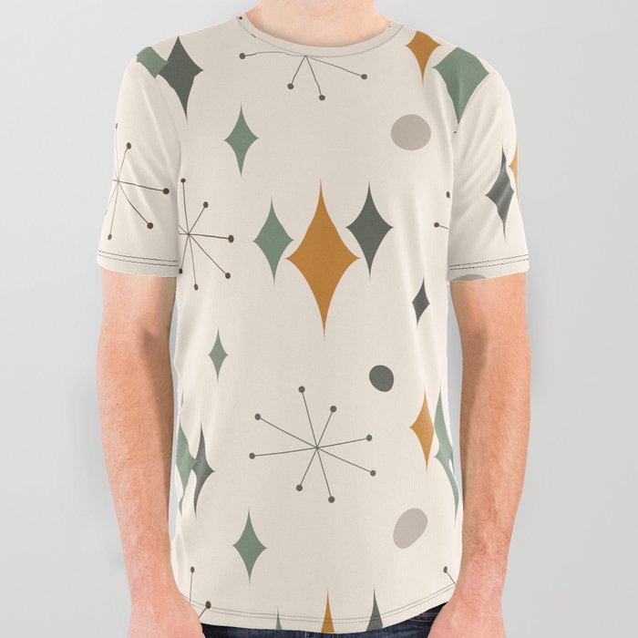 Stardust Mid Century Modern Pattern in Olive Green, Orange and Cream All Over Graphic Tee