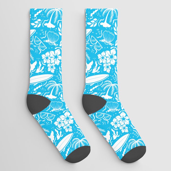 Turquoise and White Surfing Summer Beach Objects Seamless Pattern Socks