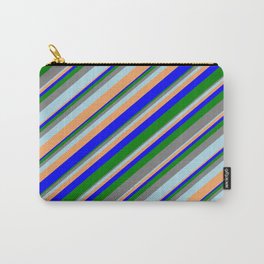 [ Thumbnail: Colorful Blue, Green, Grey, Light Blue, and Brown Colored Stripes Pattern Carry-All Pouch ]