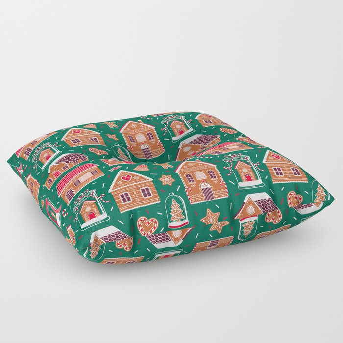Gingerbread Houses And Sweets Candies - Green Floor Pillow